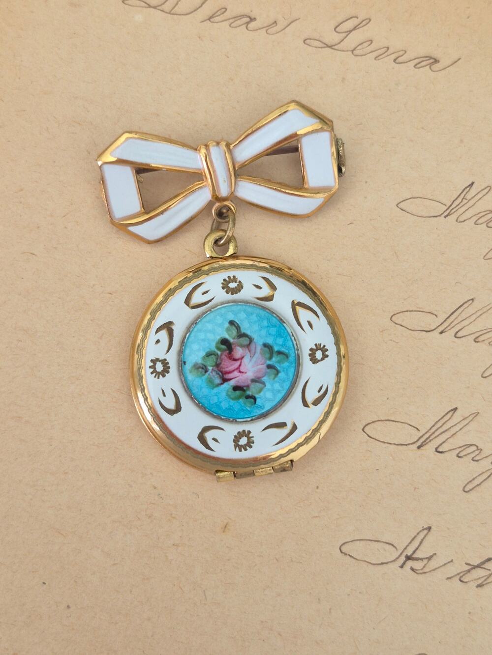 Antique Guilloche Bow Hanging Locket Brooch